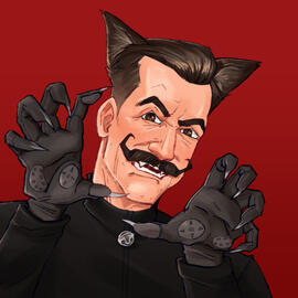 Robotnik wearing black gloves with circular patterns and cat ears, posing with hands raised against a red background